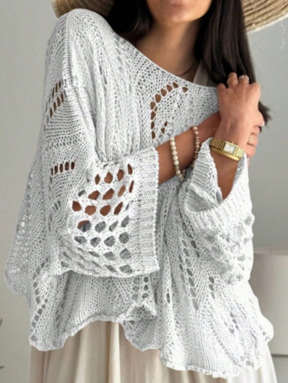 White Casual Women's Loose Boat Neck Hollow Out Flare Sleeve Knit Sweater